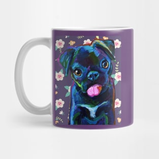 Cute BLACK PUG PUPPY with Vintage Flowers by Robert Phelps Mug